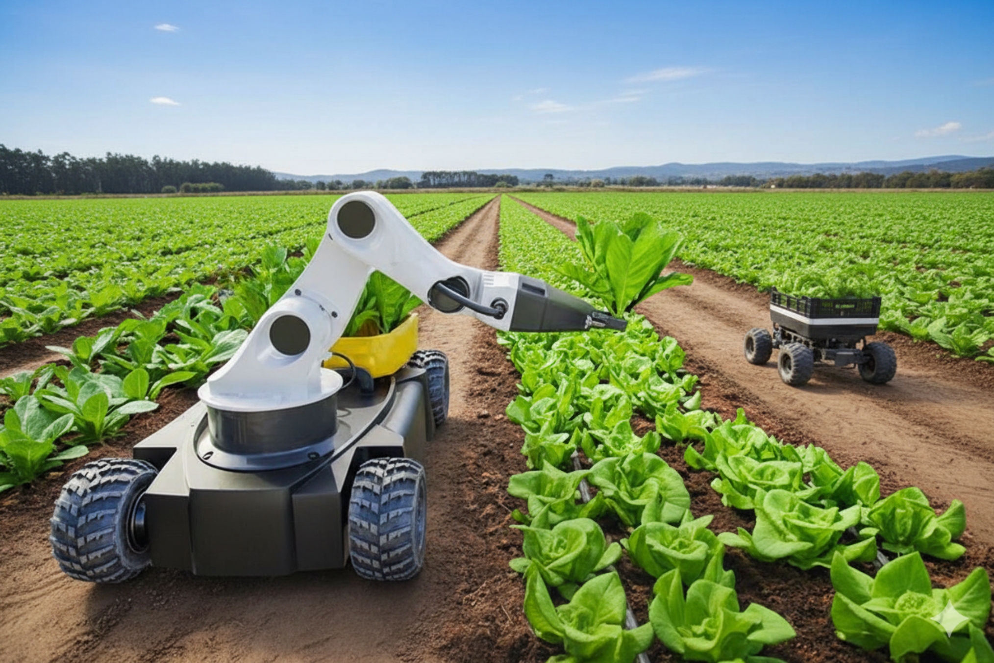 Agricultural robot harvesting crops in a field